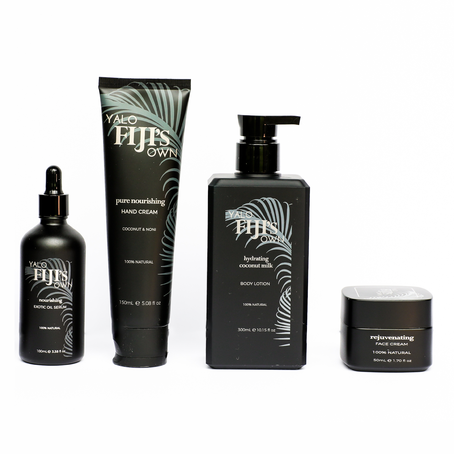 YaloFiji Gift Hamper showing Face Cream, Exotic Oil Serum, Body Lotion and Hand Cream